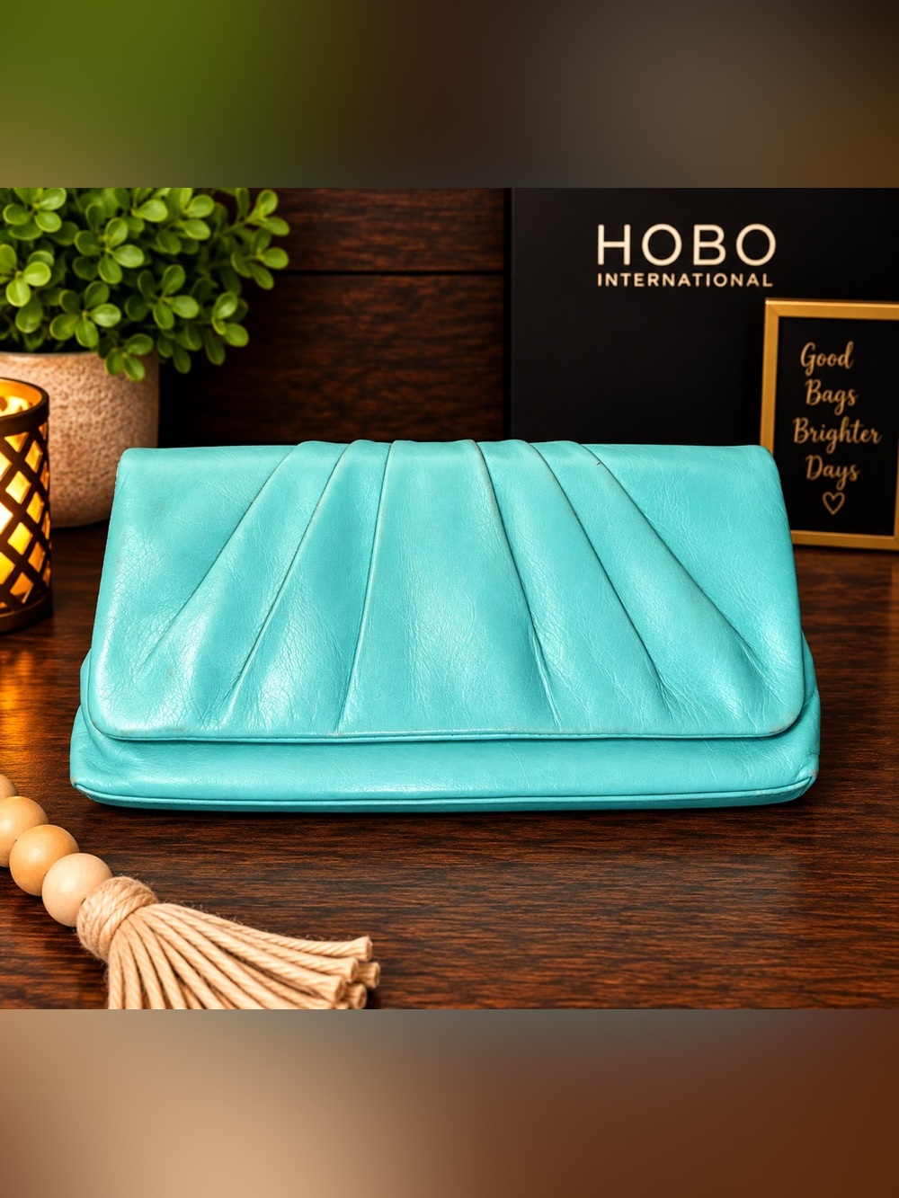 HOBO International Aqua Turquoise Leather Frame Clutch Wallet Pleated